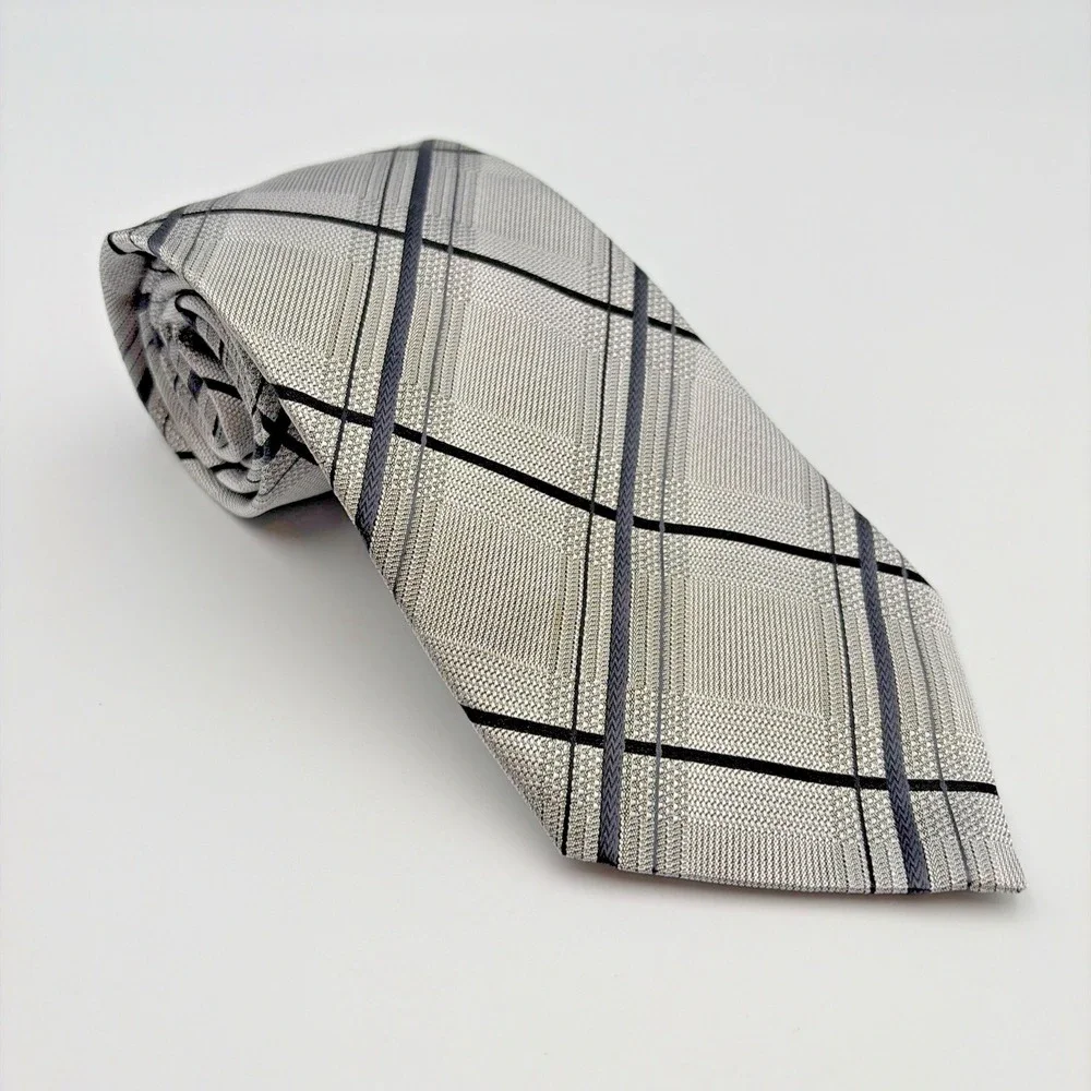 Etro Silk Tie Mens One Size Grey Black Plaid Woven Geometric Made in Italy